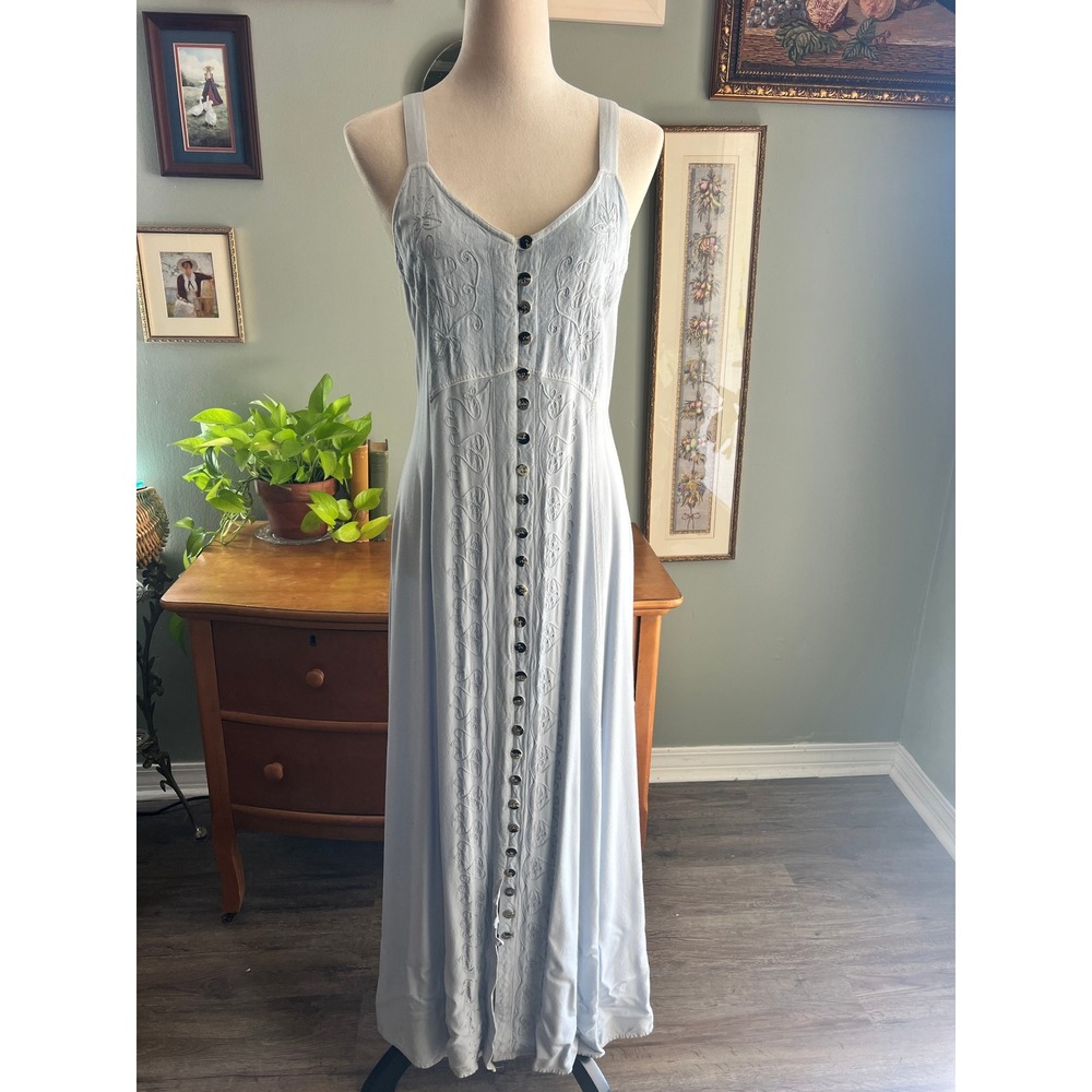 Holy Clothing Embroidered Blue Maxi Dress M Fairy Core Medieval Renaissance